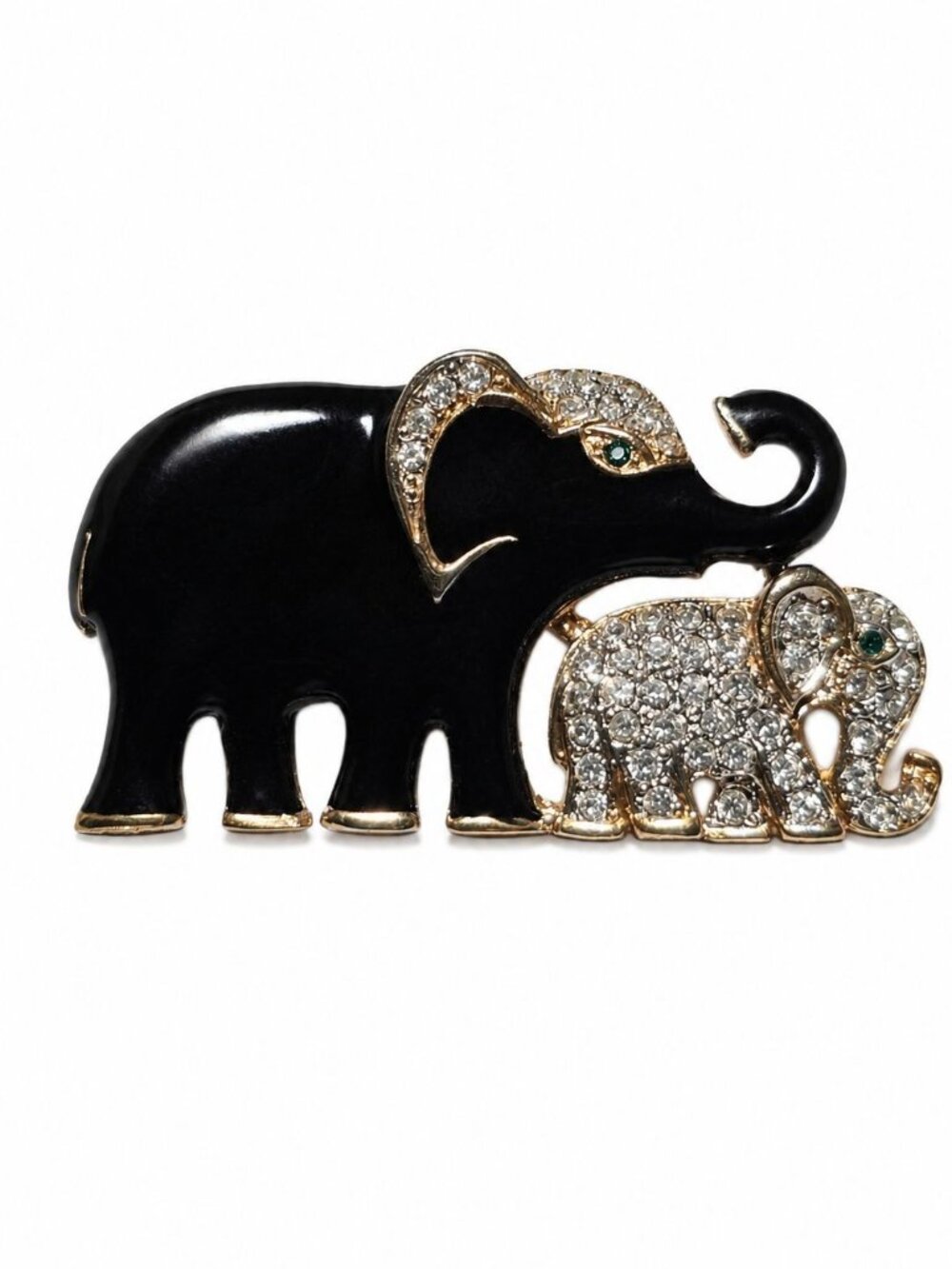 Vintage 1980's Craft Rhinestone Mama Baby Enamel Elephant Trunk Up Brooch